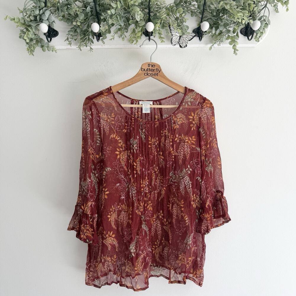 Sundance Burgandy Floral Pleated Sheer Cupro Small blouse Autumn Fall Whimsy